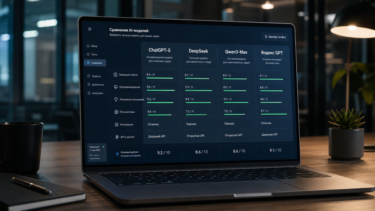 Обложка статьи: Сравнение функционала нейросетей: ChatGPT-5, DeepSeek, Qwen3-Max и Яндекс GPT